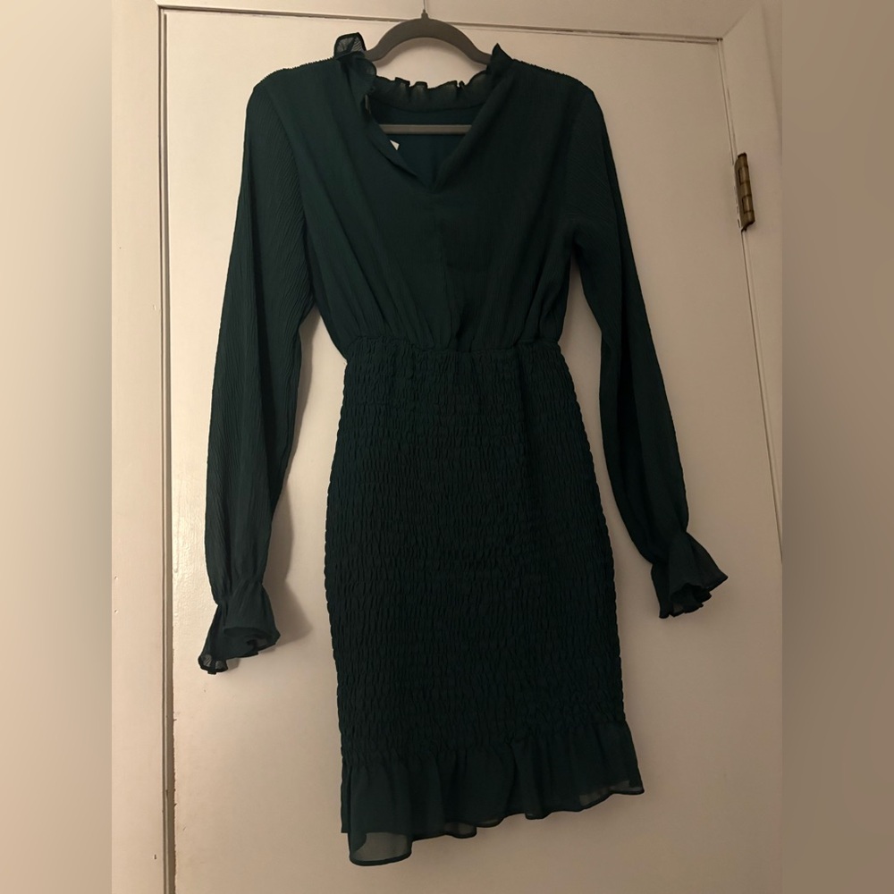 By She & Shy Green Smocked Ruffle Mock Neck Long Sleeve Mini Dress – NWT Small - Picture 4 of 7
